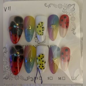 Hand Painted Acrylic Colorful Nail Art Set with Ladybug Design-Large